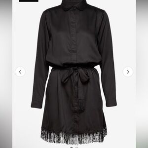 Black Tie-Waist Long Sleeve Button Front Dress, Fringe Hem, 100% Lyocell, Medium